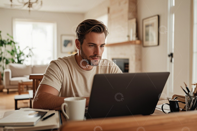 高清大图下载【趣麦麦图】居家男士专注使用笔记本电脑