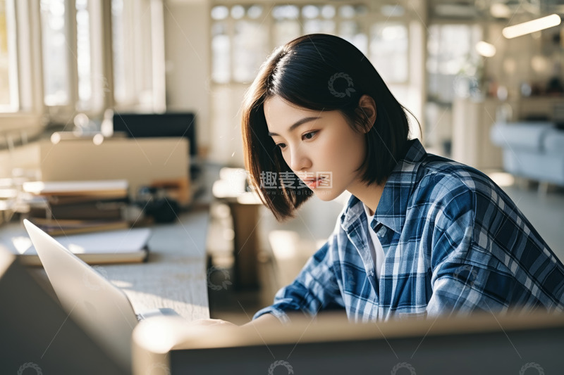 高清大图下载【趣麦麦图】女性专注使用笔记本电脑办公