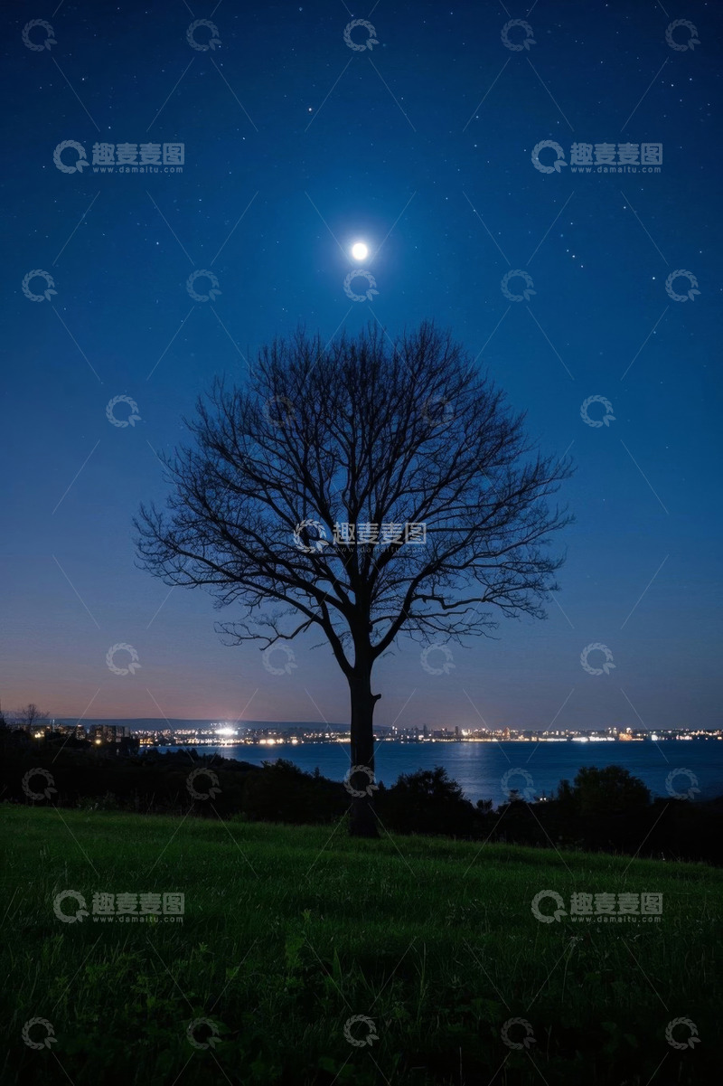 高清大图下载【趣麦麦图】月夜下草地孤树与城市灯火