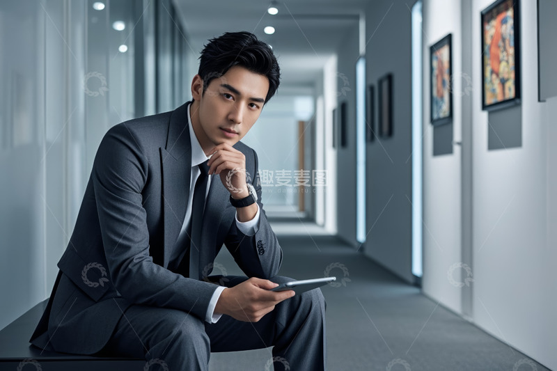 高清大图下载【趣麦麦图】走廊中坐着的商务男士使用平板