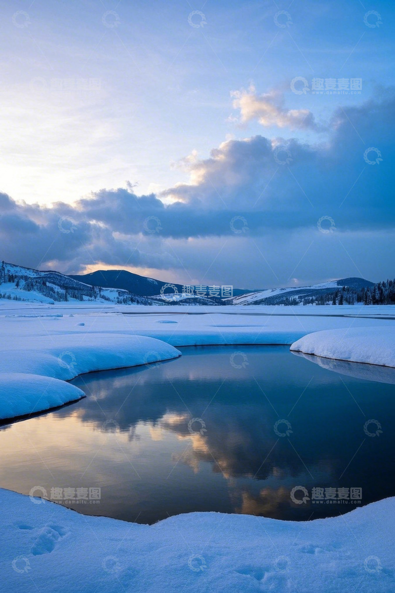 高清大图下载【趣麦麦图】雪地上的水域与远处山峦景观