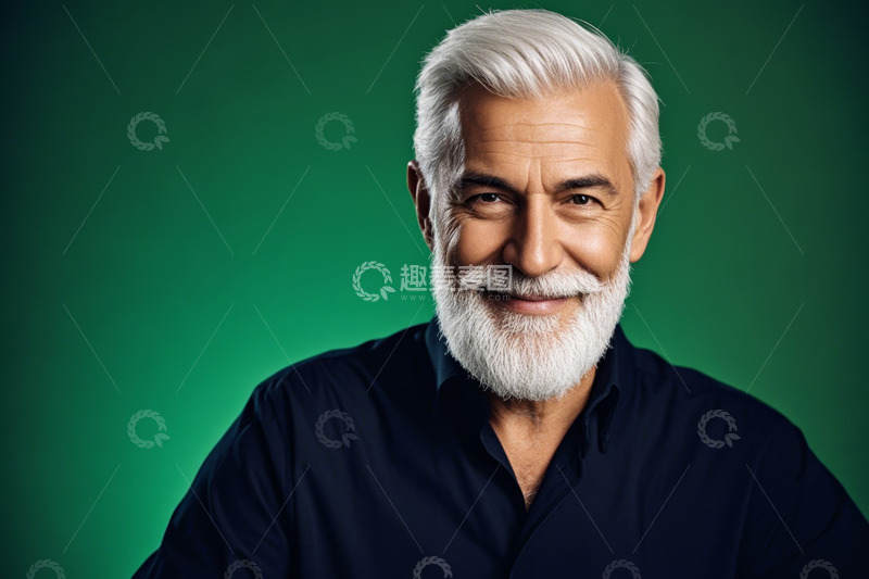 高清大图下载【趣麦麦图】白发男子绿色背景微笑肖像