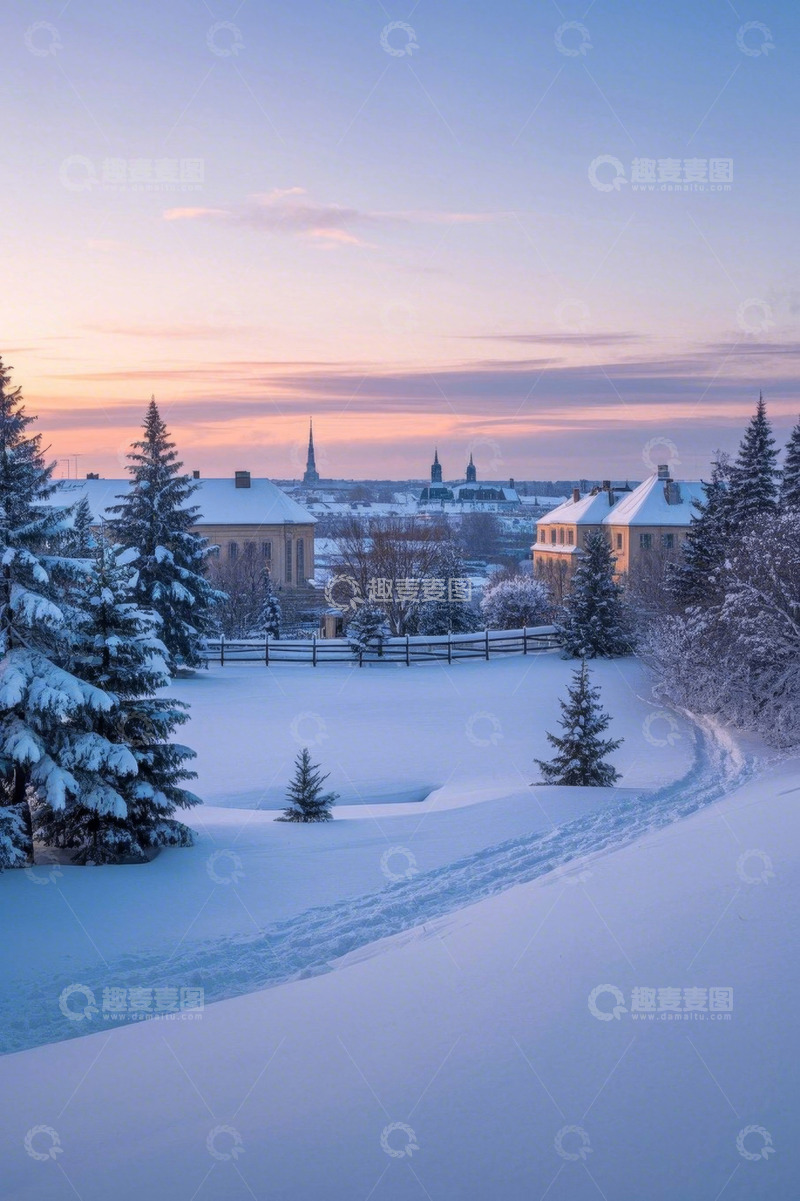 高清大图下载【趣麦麦图】冬日雪覆盖城镇与树林景象