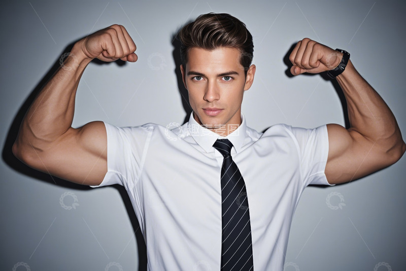 高清大图下载【趣麦麦图】穿衬衫打领带男人展示肌肉