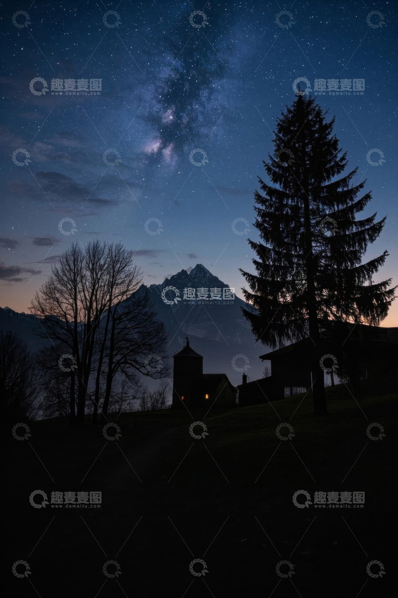 高清大图下载【趣麦麦图】山间夜景星空与建筑