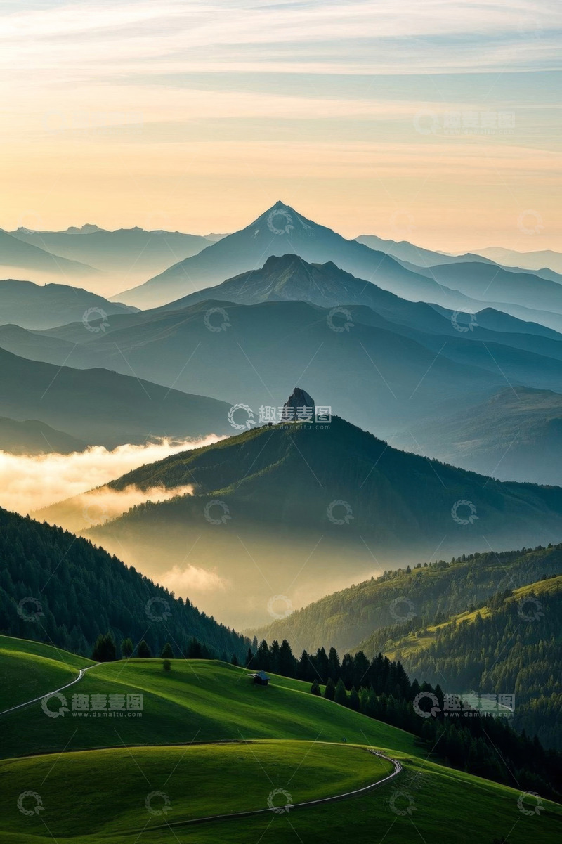 高清大图下载【趣麦麦图】山间晨景绿色山脉与云雾