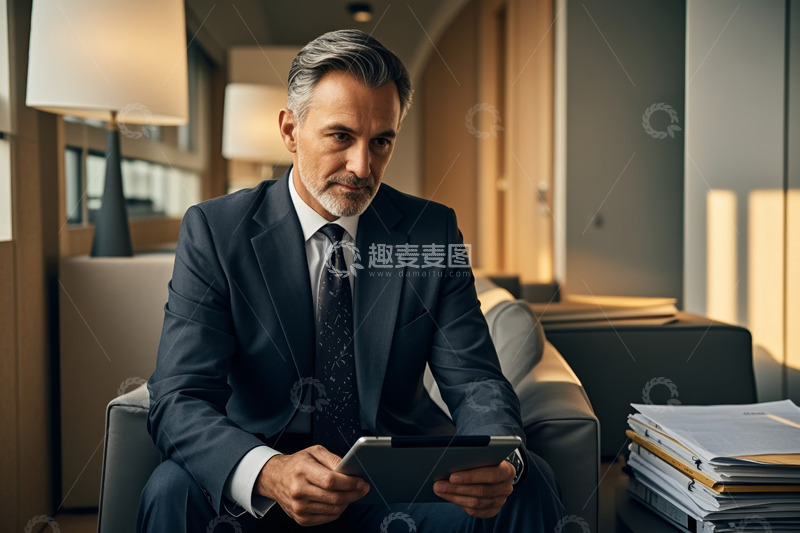 高清大图下载【趣麦麦图】西装男士在室内使用平板电脑