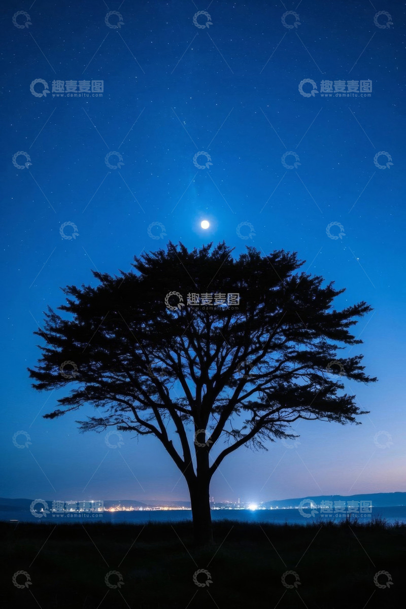 高清大图下载【趣麦麦图】月夜下孤树与远处城市灯火