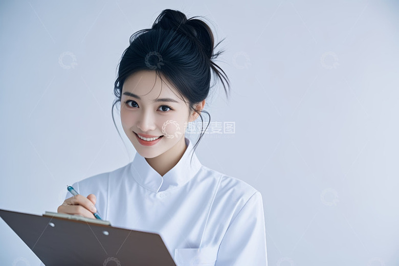 年轻女医护人员持笔记录