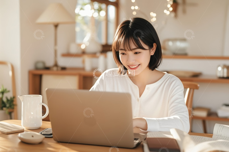 高清大图下载【趣麦麦图】女性居家使用笔记本电脑办公