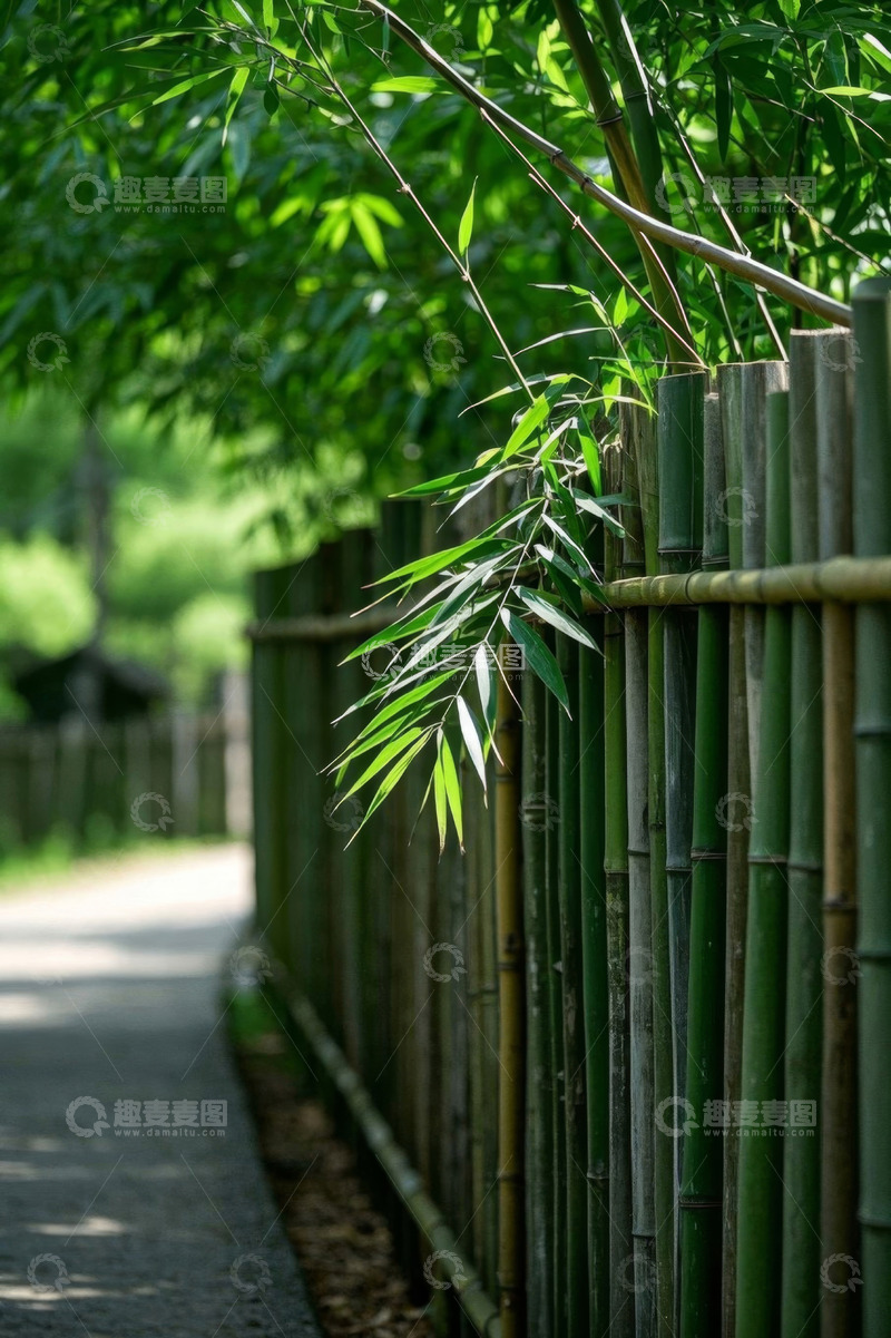 高清大图下载【趣麦麦图】竹林边的竹制围栏小径场景