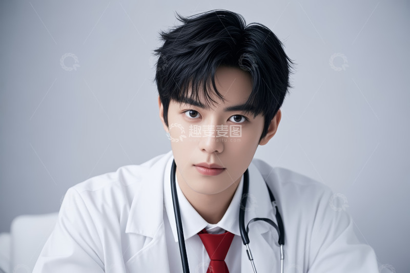 高清大图下载【趣麦麦图】穿白大褂戴听诊器的年轻男性
