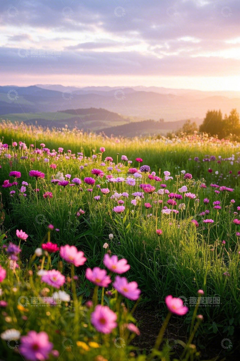 夕阳下的山间花海美景
