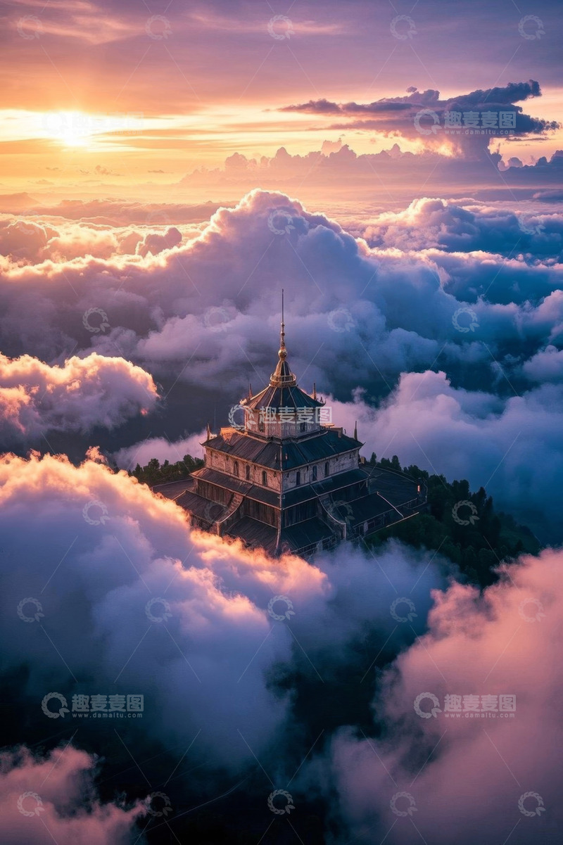 高清大图下载【趣麦麦图】云海中的古建筑日出景象