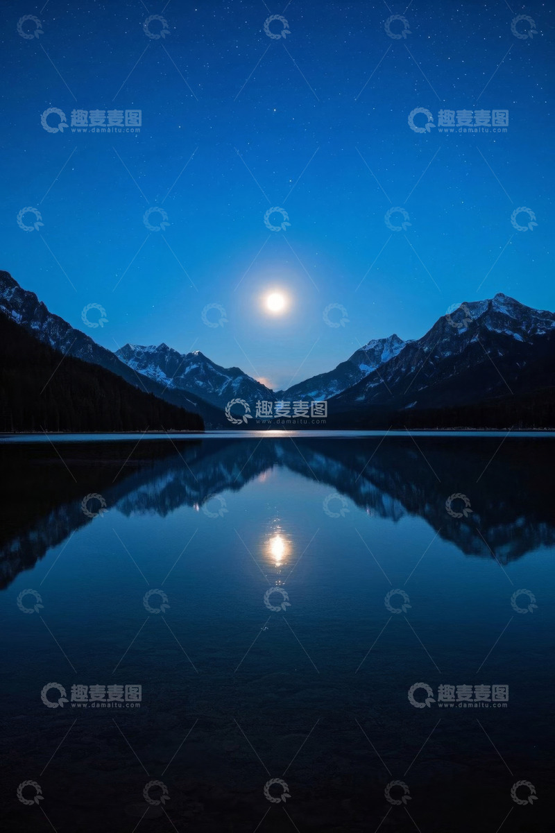 高清大图下载【趣麦麦图】月夜下的山水湖泊景观