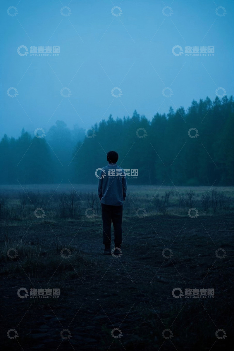 高清大图下载【趣麦麦图】男子于雾中旷野望向远方森林