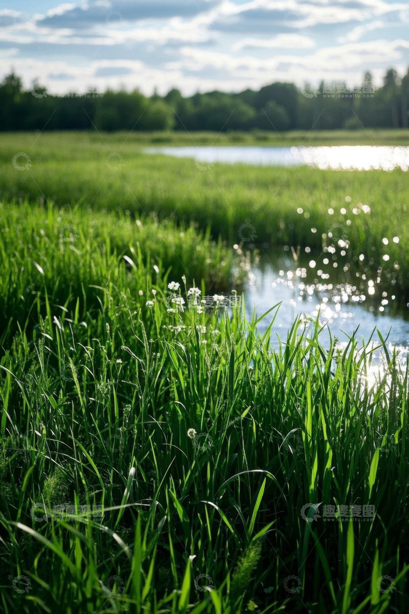 高清大图下载【趣麦麦图】草地旁的水域自然风光