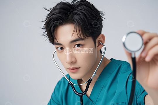 年轻男医生手持听诊器特写