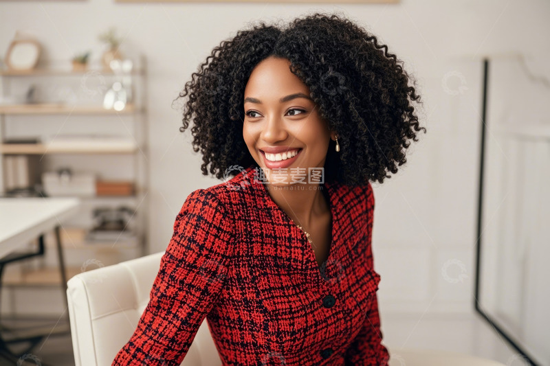 高清大图下载【趣麦麦图】非裔美国女性微笑室内照