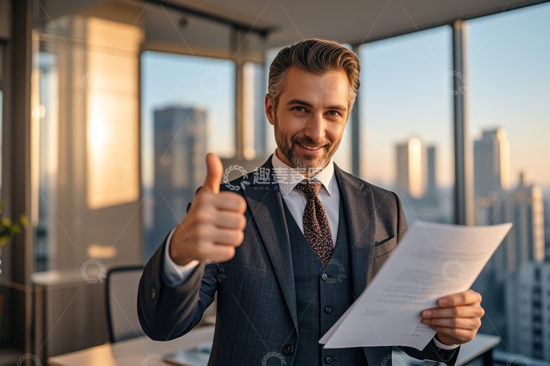 高清大图下载【趣麦麦图】西装男士办公室持文件竖大拇指