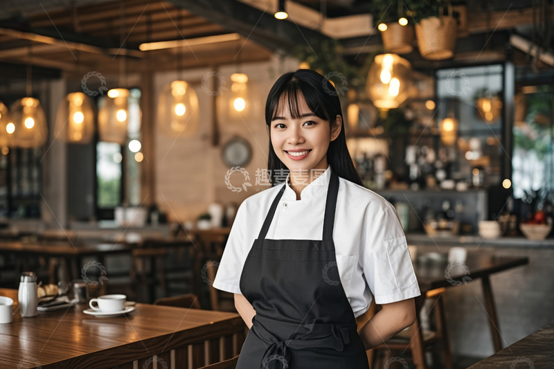 高清大图下载【趣麦麦图】咖啡馆中微笑服务的女店员