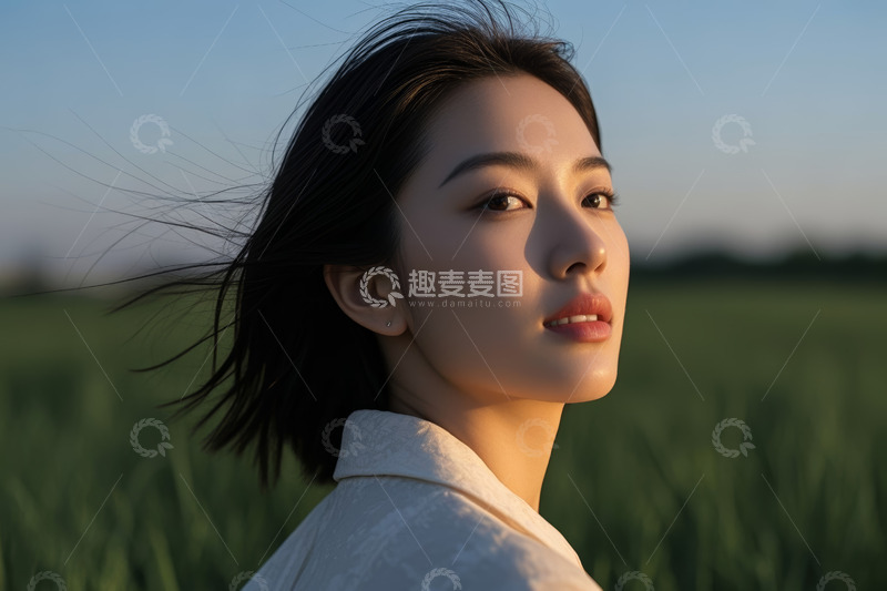 高清大图下载【趣麦麦图】田野中的亚洲女性侧脸肖像