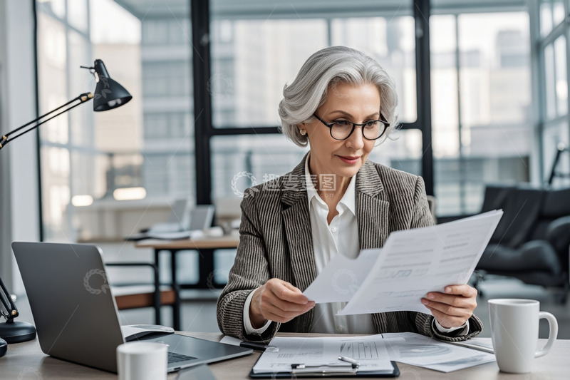 高清大图下载【趣麦麦图】办公室老年女商人阅读文件
