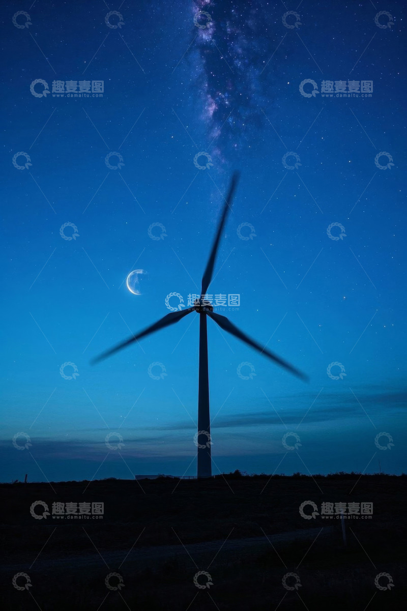 高清大图下载【趣麦麦图】月夜下的风力发电机与星空