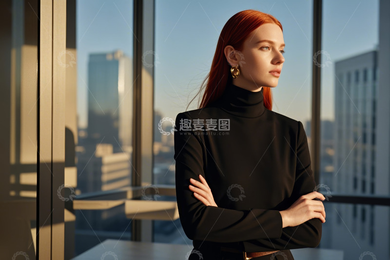 高清大图下载【趣麦麦图】窗边红发女子双臂交叉站立