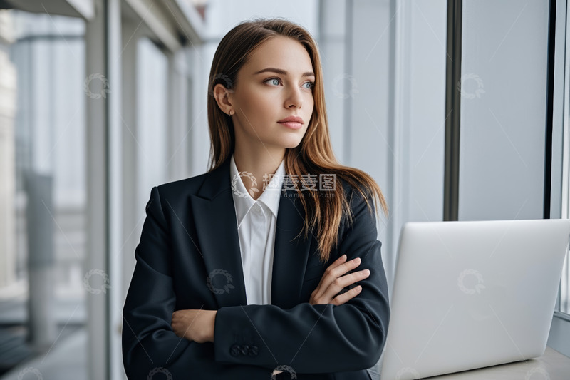 高清大图下载【趣麦麦图】商务女性办公室抱臂思考