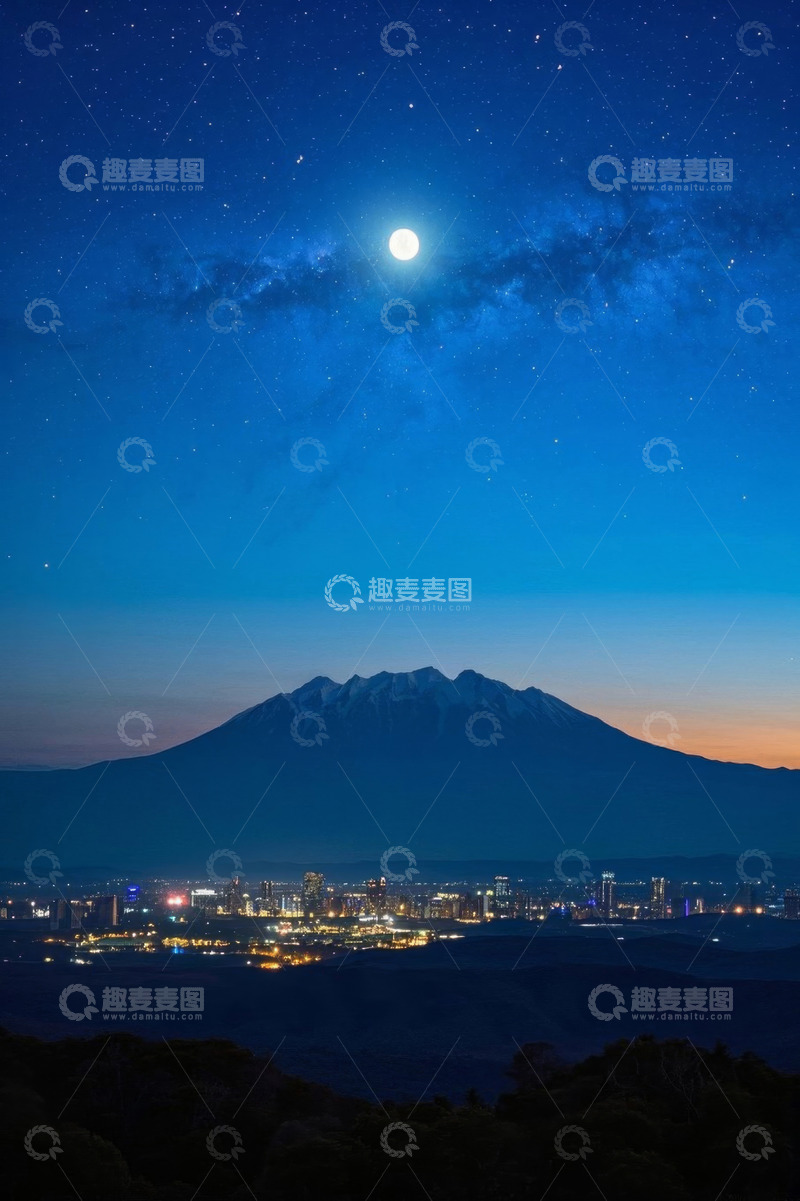 高清大图下载【趣麦麦图】月夜下的城市与远山景观