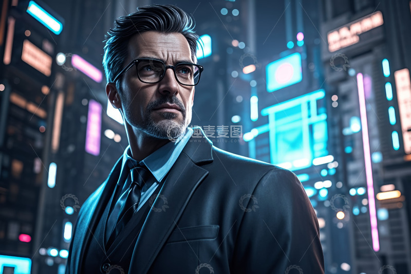 高清大图下载【趣麦麦图】西装男子于现代城市夜景前