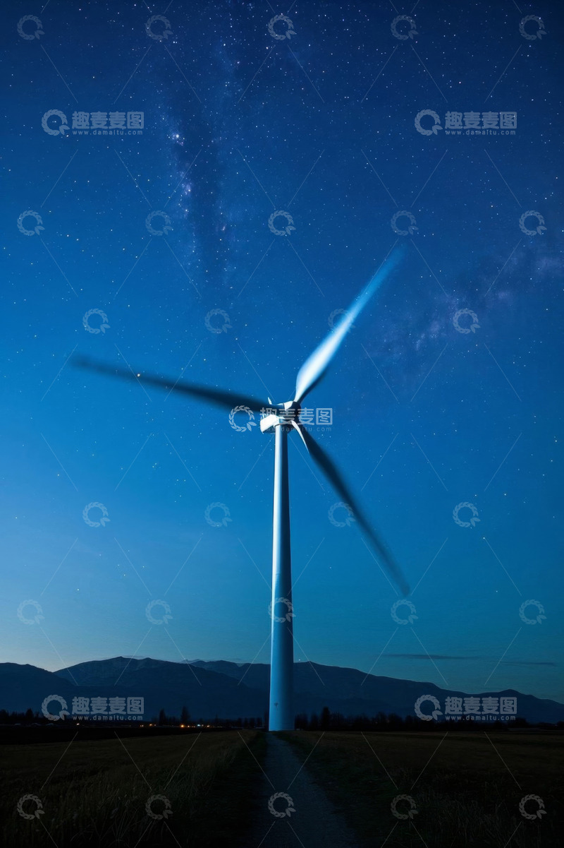 高清大图下载【趣麦麦图】夜空下的风力发电机与远山