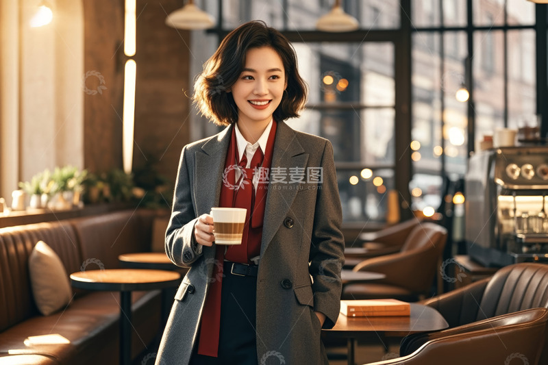 高清大图下载【趣麦麦图】青年女子在咖啡馆手持咖啡