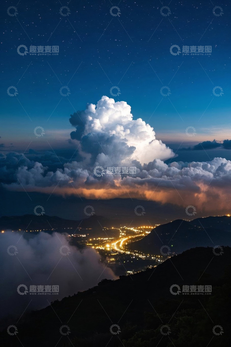 高清大图下载【趣麦麦图】夜空下云端城市与山峦风景