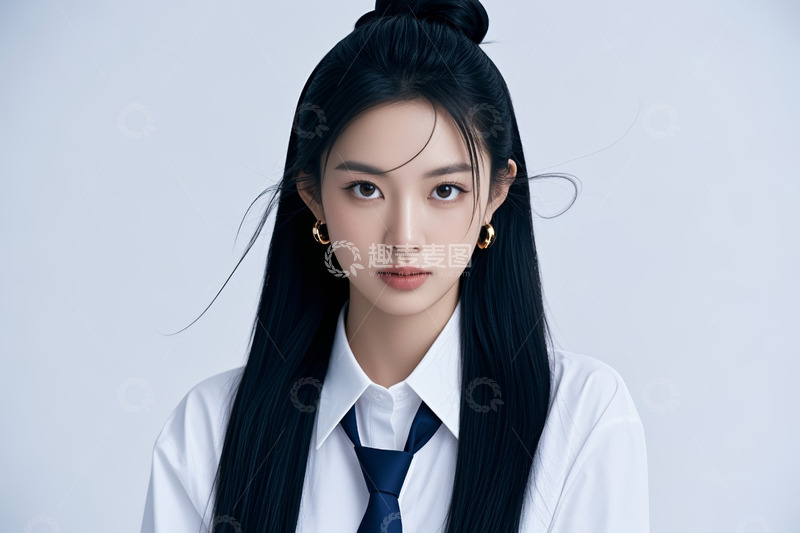 高清大图下载【趣麦麦图】穿白衬衫系领带的女性肖像