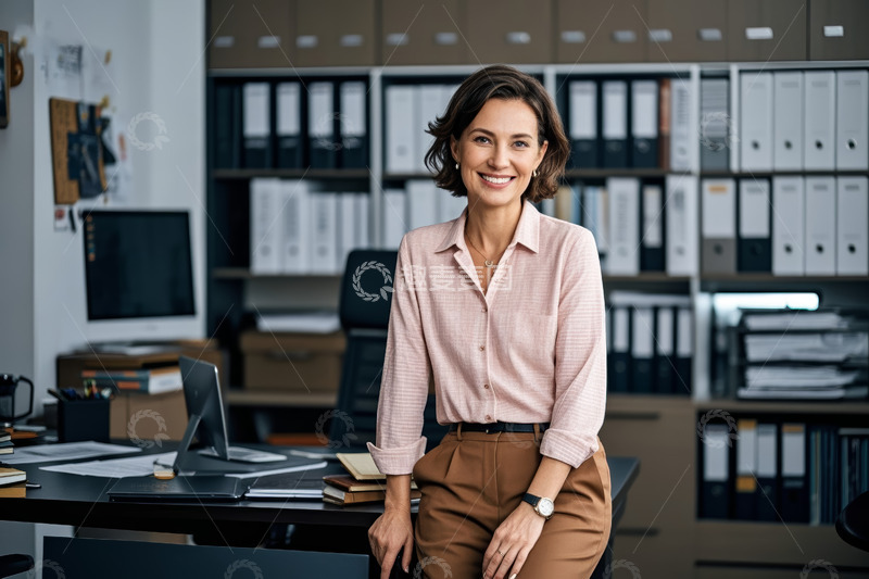 高清大图下载【趣麦麦图】办公室微笑女性倚靠办公桌