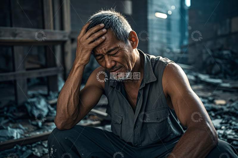 高清大图下载【趣麦麦图】疲惫老人于破旧室内扶额休憩