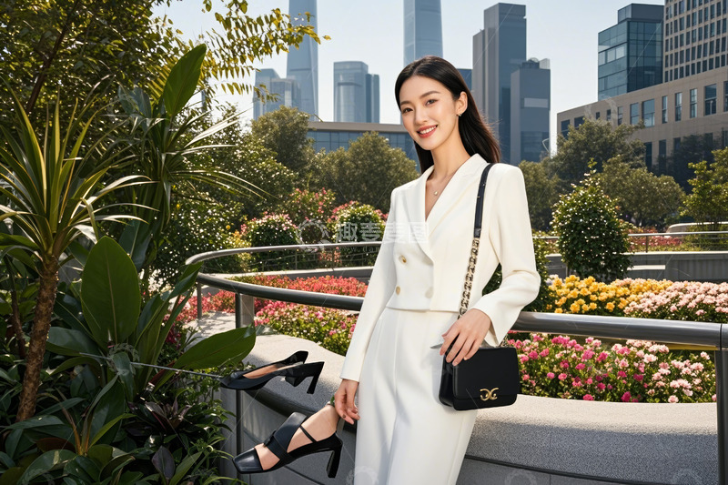 高清大图下载【趣麦麦图】身着白西装的女士倚栏摆姿