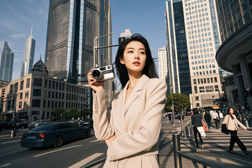 都市女子街头手持相机留影