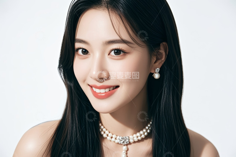 高清大图下载【趣麦麦图】女性面部特写佩戴珍珠项链耳环