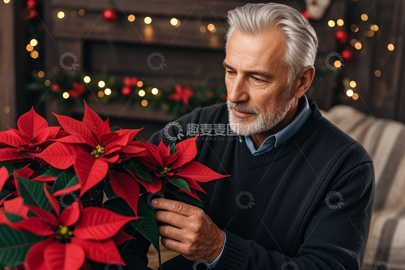 高清大图下载【趣麦麦图】老人观赏圣诞红植物