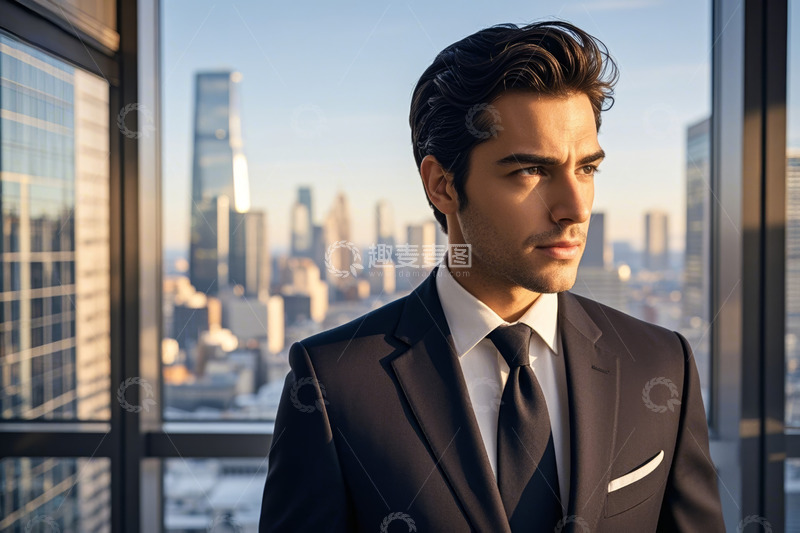 高清大图下载【趣麦麦图】西装男士于窗边眺望城市