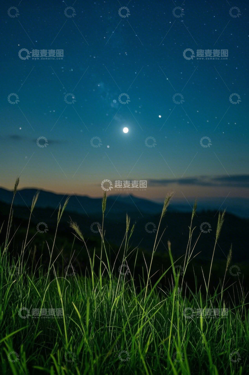 高清大图下载【趣麦麦图】夜空下草地与远山的景色
