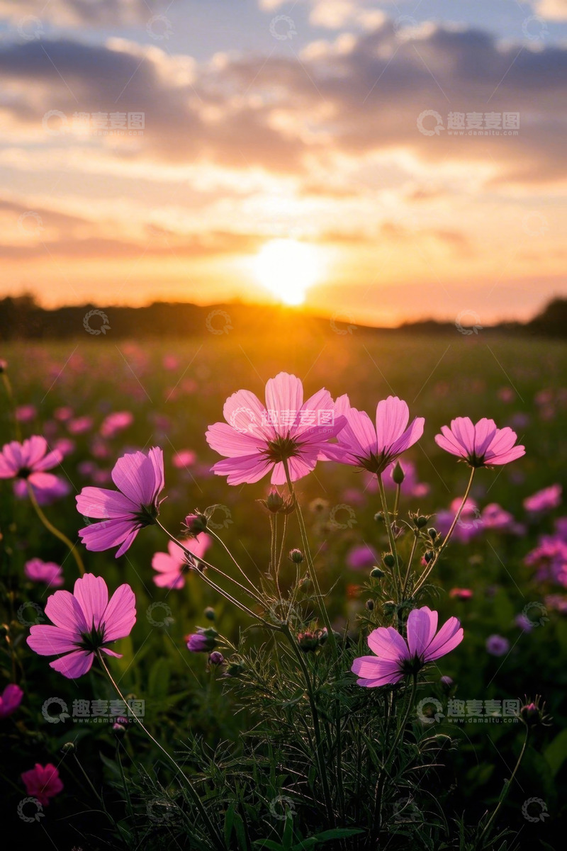 高清大图下载【趣麦麦图】夕阳下的粉色花海