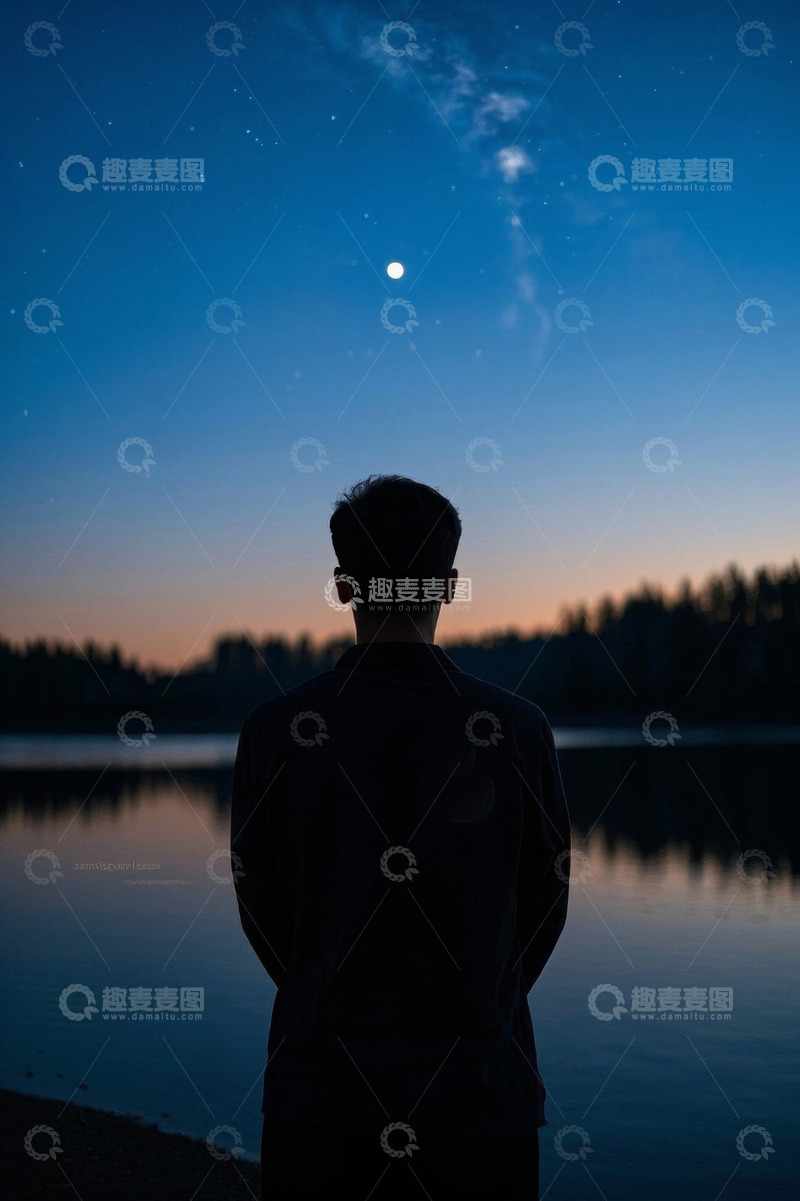 高清大图下载【趣麦麦图】男子湖畔赏夜景