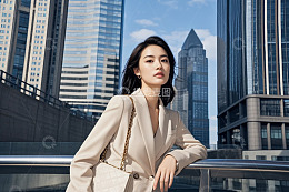 都市女性倚栏于高楼背景前