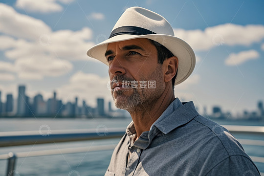 戴帽男子于水边的城市背景前