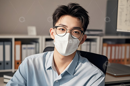 办公场景中戴口罩的年轻男性