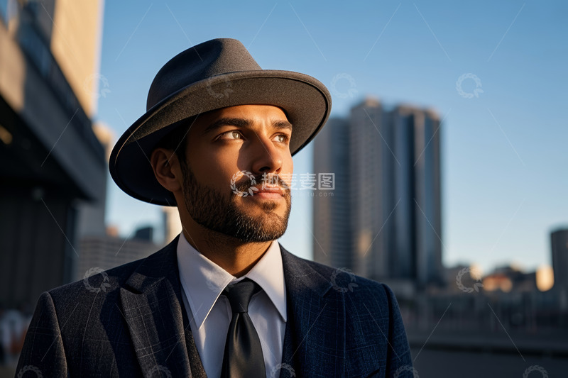 高清大图下载【趣麦麦图】城市中戴帽西装男子侧影